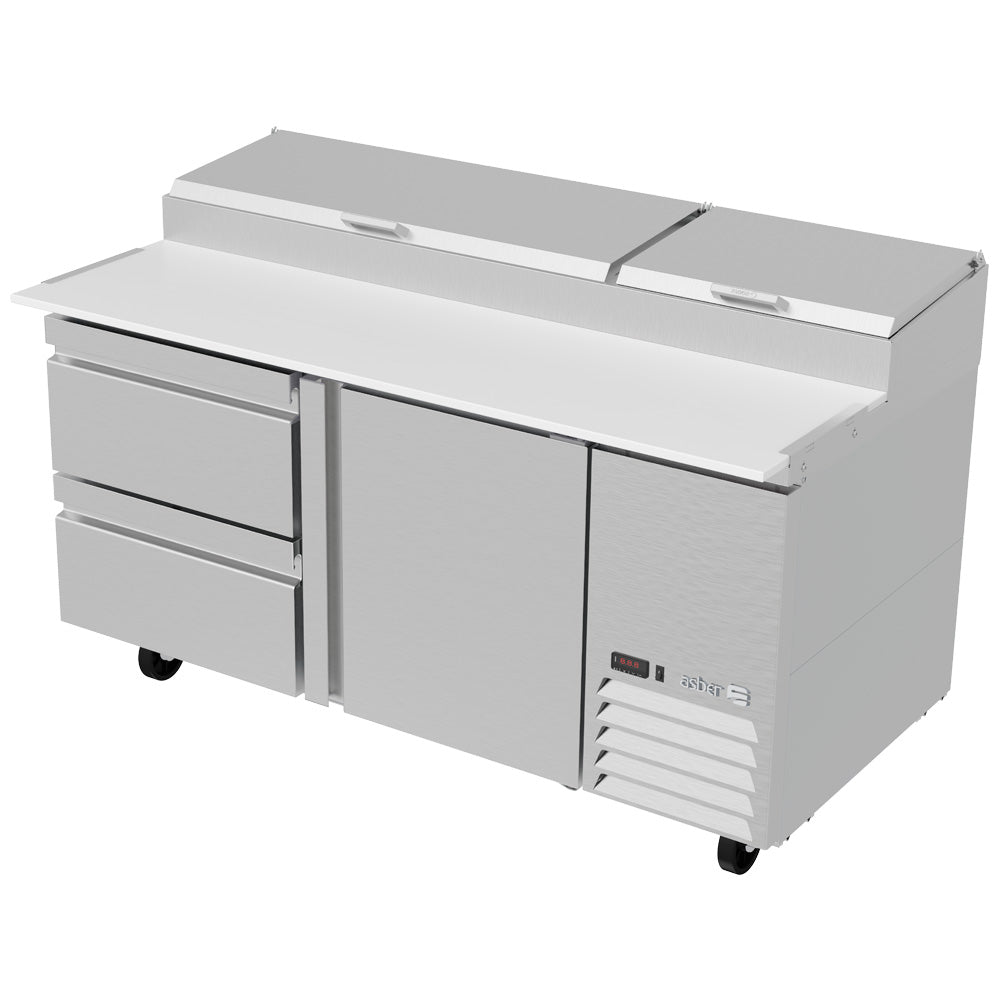Mesa Refrigerada Asber APTP-67-D2 P HC Para Preparacion De Pizzas De 9 Insertos Con Cajones Refrigerados Y Puerta