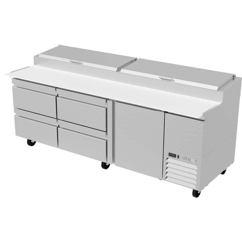 Mesa Refrigerada Asber APTP-93-D4 P HC Para Preparacion De Pizzas De 12 Insertos Con Cajones Refrigerados Y Puerta