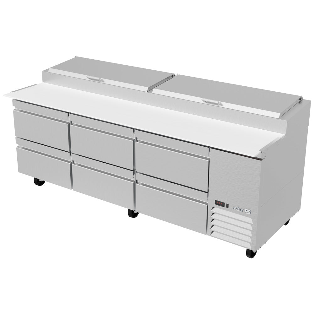Mesa Refrigerada Asber APTP-93-D6 P HC Para Preparacion De Pizzas De 12 Insertos Con Cajones Refrigerados