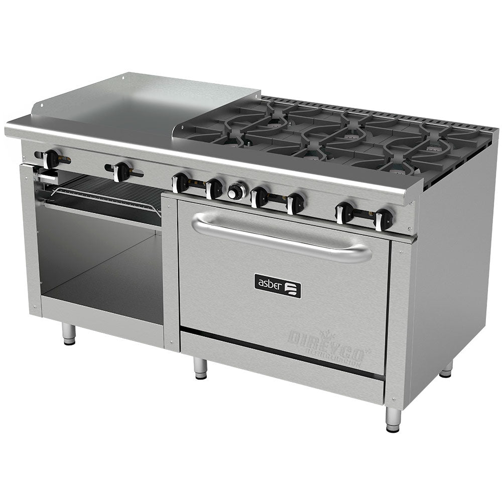 Estufa Asber AEMR-G24-B6-60-H - 6 Quemadores - Plancha 24" - gratinador y horno