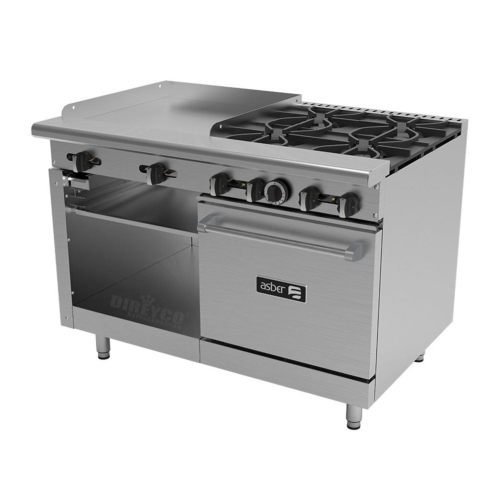 Estufa Asber AMR-48 - 4 Quemadores - Plancha 24" - Gratinador y horno.