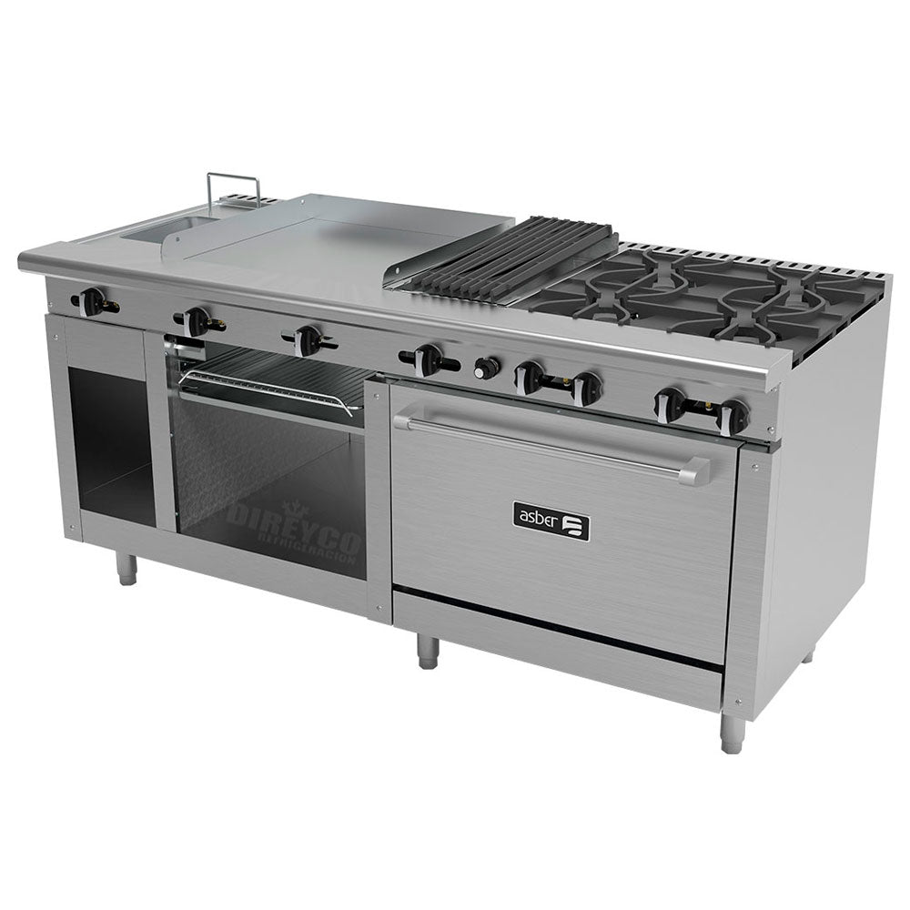Estufa Asber AMR-72 - 4 Quemadores - Plancha 12" - Asador 12" - Gratinador Freidora y horno.