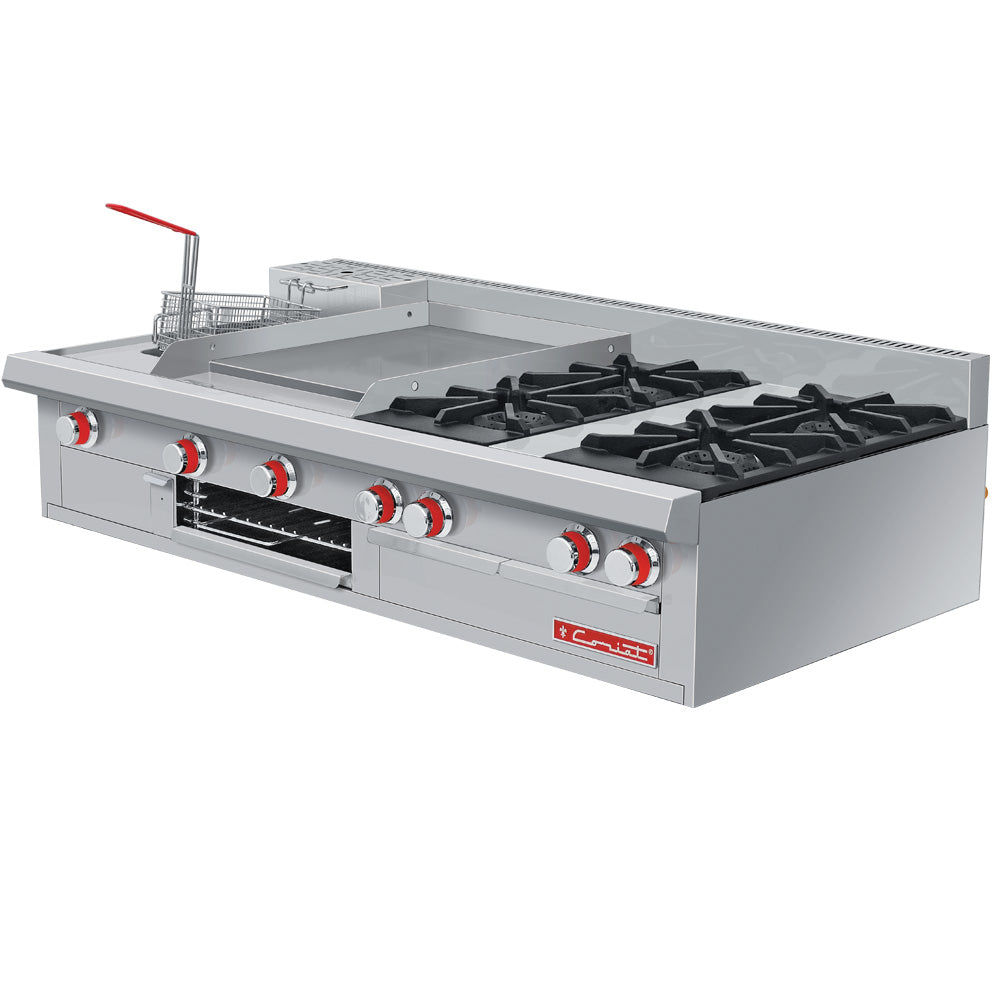 Estufa De Mesa Coriat MULTICHEF MESA MASTER De 4 Quemadores Abiertos, Plancha, Gratinador y Freidora de 3 Litros Linea Eco