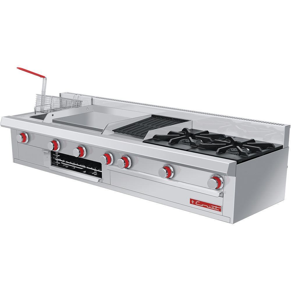 Estufa De Mesa Coriat MÚLTIPLE PETIT DE MESA De 2 Quemadores Abiertos, Asador, Plancha, Gratinador y Freidora de 3 Litros Linea Eco