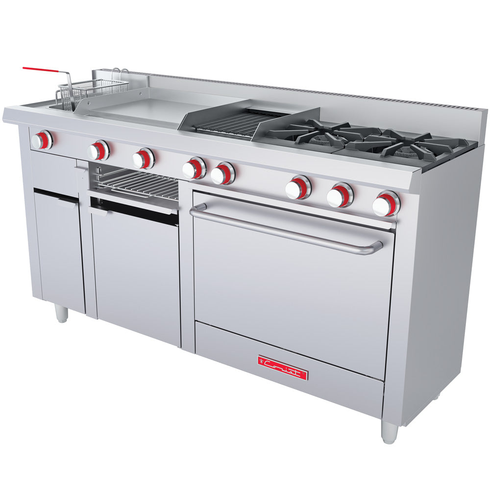 Estufa Coriat MÚLTIPLE PETIT De 2 Quemadores Abiertos, Asador, Plancha, Gratinador, Freidora de 3 Litros y Horno Linea Trend