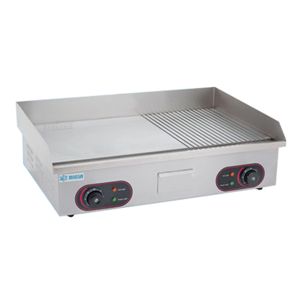 Plancha Eléctrica Migsa BN-822B Grill Mitad Lisa U Mitad Acanalada De Acero Inoxidable Con Cajon Para Grasa A 220V